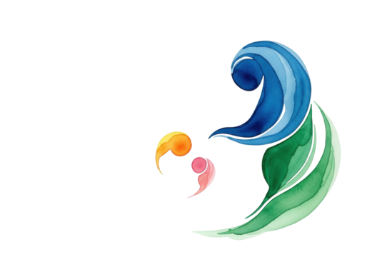 Abstract watercolor guardian in deep blues & greens guiding smaller orange & pink forms, on a transparent background with copy space, concept of serene, imaginative guidance and exploration