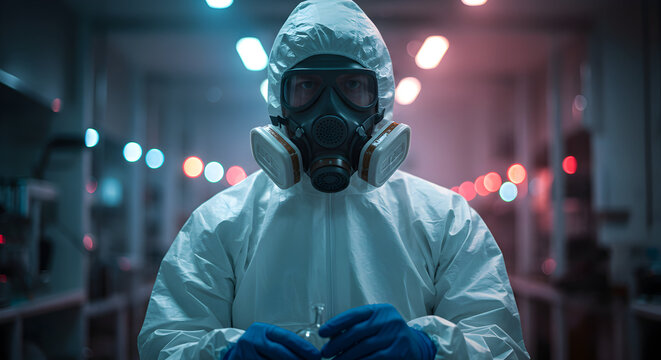 Scientist in hazmat suit conducting research in a modern laboratory serious expression safety precautions sterile environment scientific experiment advanced technology medical research lab worker - Powered by Adobe