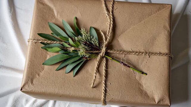 Beautifully wrapped gift box adorned with earthy twine and fresh green foliage, creating a natural, eco-friendly presentation on a softly textured fabric background.