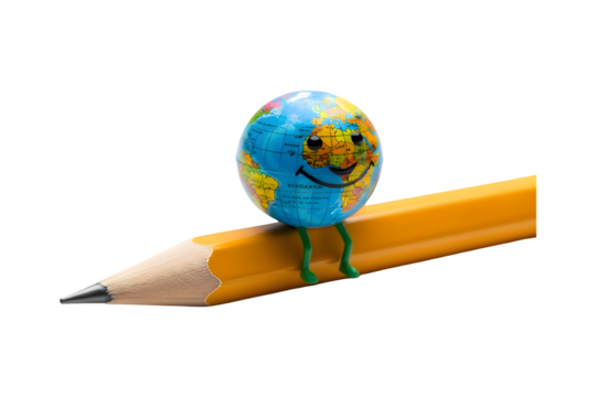 Globe character on a pencil for education on transparent