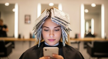 Woman with Foil Highlights Using Smartphone at Hair Salon, Modern Interior