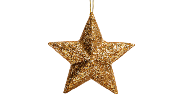 Golden glitter star ornament isolated on transparent background
