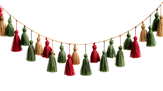 Garland of colorful tassels isolated on transparent background