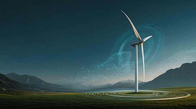 Wind turbine on a grassy plain, digital overlay