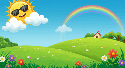Fototapeta premium Cartoon spring landscape with green hills, flowers, rainbow and cheerful sun