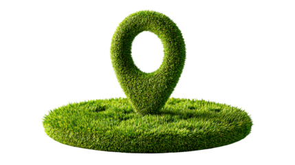Green grass location pin on circular grass isolated on transparent background