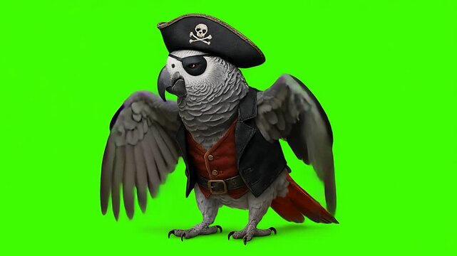 Grey Parrot Pirate:  Funny Bird in Costume on Green Screen