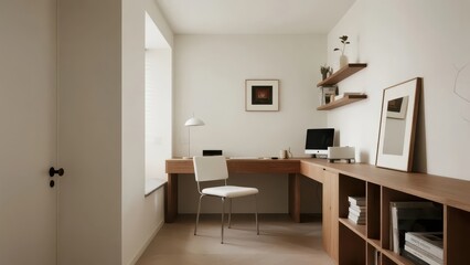 Fototapeta premium A simply - furnished room with furniture such as desks and bookshelves creates a comfortable office and resting space.