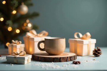Warm beverage in rustic mug nestled amongst illuminated presents near a decorated evergreen tree during the holiday season