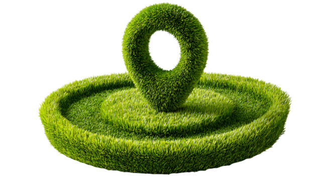 Green grass location pin on concentric circles isolated on transparent background