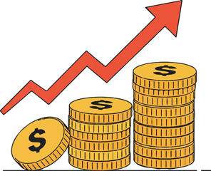 Stacks of coins with a red arrow pointing upward symbolize financial growth. Ideal for finance, investment, success, and growth concepts.