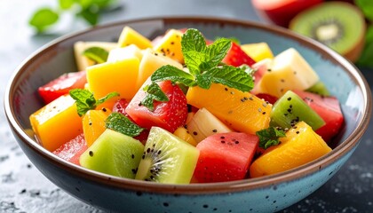 A close up shot of a bowl filled with a colorful assortment of fresh cut fruit and mint leaves