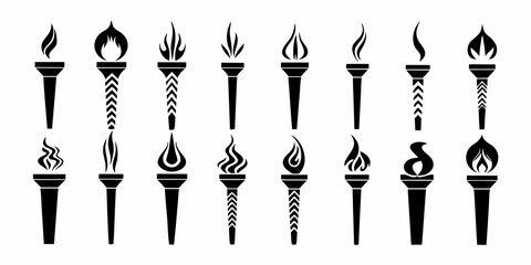 Collection of olympic style torches with stylized flames and decorative shafts in black and white