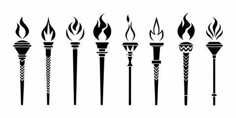 Collection of eight stylized black torches with flames on a white background representing victory and competition