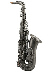 Weathered raw steel alto saxophone, charcoal grey, scarred texture, industrial keywork, isolated on transparent background, macro studio shot, concept of innovation