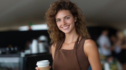 barista stands in a cozy cafe, holding a cup of coffee and smiling warmly. ambience is inviting with soft lighting and customers enjoying their beverages in the background
