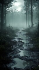 Naklejka premium Atmospheric forest path surrounded by dense fog and reflecting calm waters