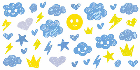 Whimsical hand drawn sky elements with smiling clouds hearts stars lightning and crowns