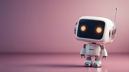A charming robot figure with a rounded head and expressive eyes stands on a smooth pink surface. The design emphasizes a playful and friendly appearance, suitable for children’s spaces.