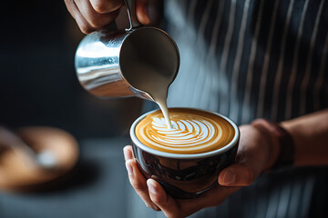 Barista pours steamed milk to create beautiful latte art in a coffee cup