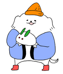 雪うさぎを持つ犬