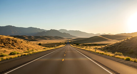 An endless, straight highway stretches through a sun-drenched desert landscape, leading towards distant, hazy mountains under a clear sky