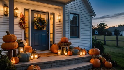 Obraz premium Cozy Autumn Farmhouse Porch with Pumpkins, Lantern, and Wreath at Golden Hour