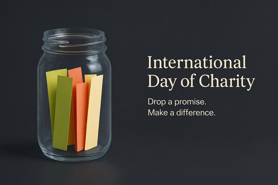 Glass jar filled with colorful paper notes with text International Day of Charity and message Drop a promise, Make a difference - Powered by Adobe