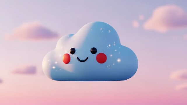 A cartoon-style cloud with a smiling face, rosy cheeks, and sparkling highlights floats in a dreamy pink sky. More soft clouds drift around