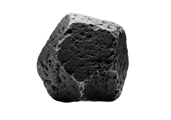 Formidable, ancient dark charcoal grey basalt polyhedral shape, meticulously detailed, pitted facets, worn edges, on transparent, dramatic volumetric lighting. Concept of timeless antiquity