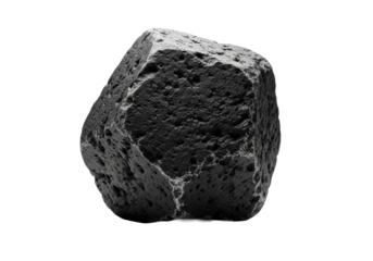 Formidable, ancient dark charcoal grey basalt polyhedral shape, meticulously detailed, pitted facets, worn edges, on transparent, dramatic volumetric lighting. Concept of timeless antiquity