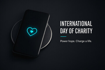 Black smartphone with glowing blue heart icon charging on a wireless pad, symbolizing hope, charity, and modern technology on dark background