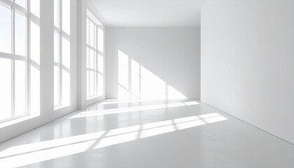 Minimalist white room bathed in natural sunlight, with sharp geometric shadows cast on the walls and floor