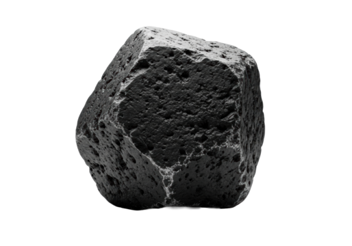 Formidable, ancient dark charcoal grey basalt polyhedral shape, meticulously detailed, pitted facets, worn edges, on transparent, dramatic volumetric lighting. Concept of timeless antiquity