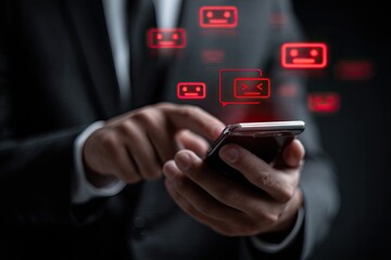 Businessman using a phone, red error icons overlay