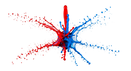 Dynamic Burst Red and Blue Paint Splashes Collide in Stunning Motion Art Color Explosion on transparent background
