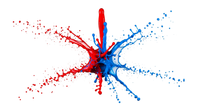 Dynamic Burst Red and Blue Paint Splashes Collide in Stunning Motion Art Color Explosion on transparent background - Powered by Adobe