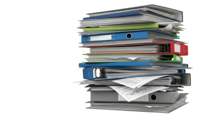 Stacked Office Files Records Clutter Paperwork Overload Folders Ring Binders Organized on transparent background