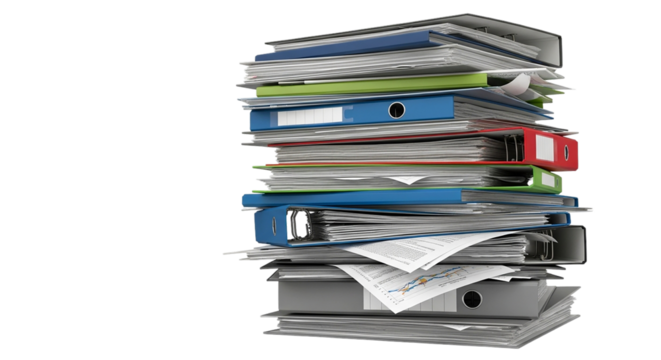 Stacked Office Files Records Clutter Paperwork Overload Folders Ring Binders Organized on transparent background