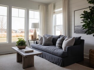 Fototapeta premium A cozy living room featuring a large, dark-gray sofa, a light-brown wooden coffee table, and large windows overlooking a peaceful landscape.
