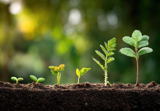 Stages of plant growth in soil, from seed to mature seedling - Powered by Adobe