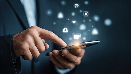 Businessperson interacts with smartphone, digital icons float around