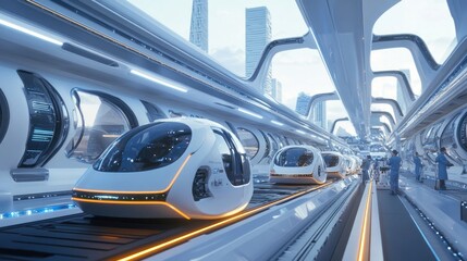 Futuristic transportation vehicles on elevated tracks