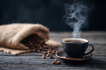 Steaming hot coffee with fresh beans on a rustic wooden table.
