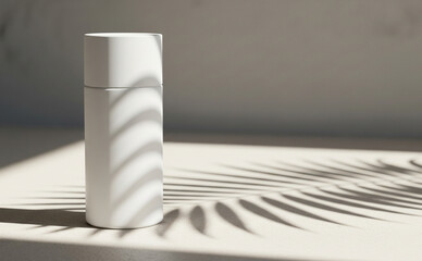 Skincare Bottle With Palm Leaf Shadow On Smooth Surface
