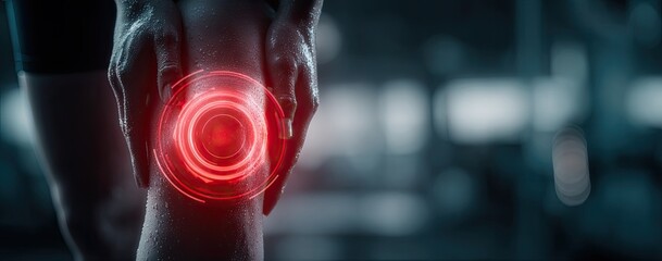 Person holding painful knee, red pain overlay