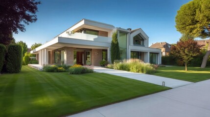 A modern two story house with large windows and minimalistic design features white walls, red accents,
