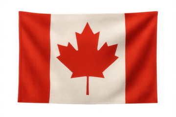 Canadian flag waving, transparent backdrop highlighting distinctive maple leaf design and bold national colors