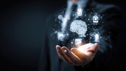 Businessman's hand holding digital brain with technology icons