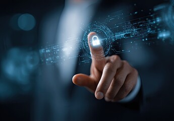 Businessperson's finger activates a digital lock graphic